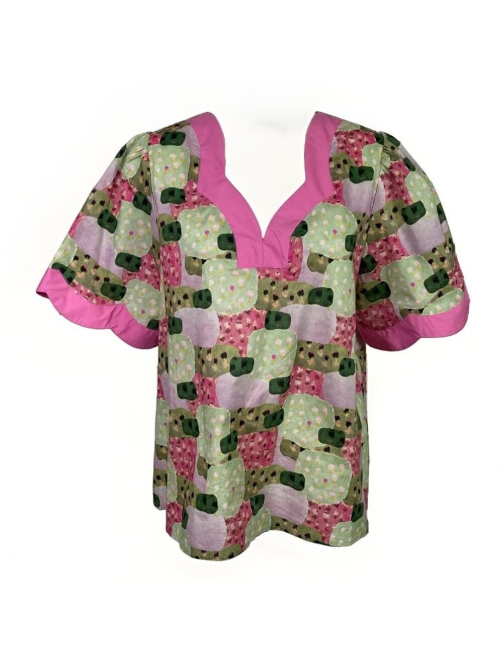 Entro Top Womens L Cotton Green Pink Abstract Floral Print V Neck Short Sleeve